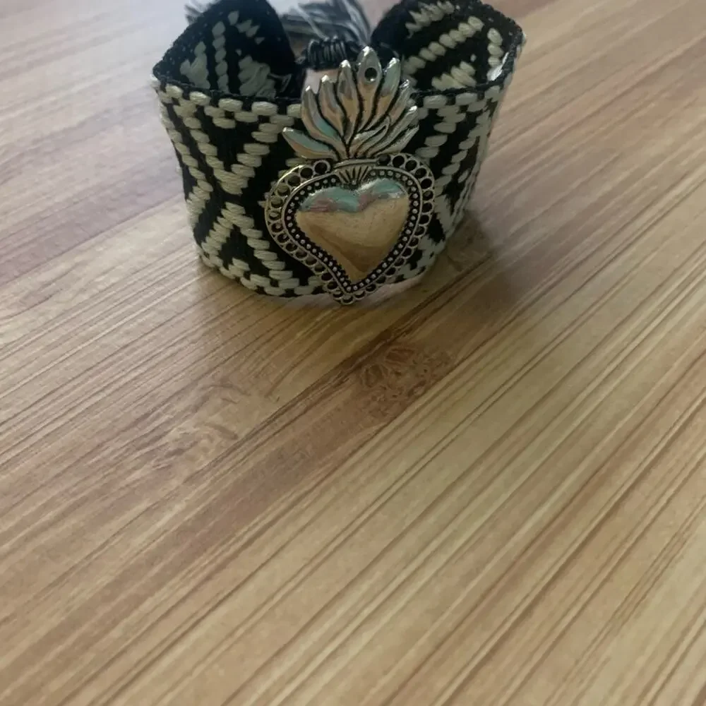 2/$30 Black White Silver Heart On Fire Adjustable Wrap Statement Bracelet Tassel